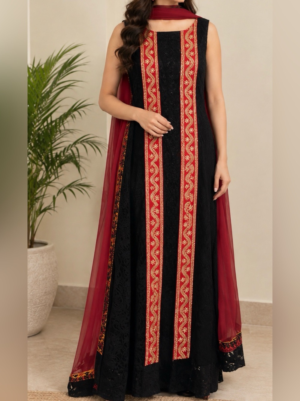 Shalwar kameez Anarkali style long Kurta red duppatta black lace sequins S